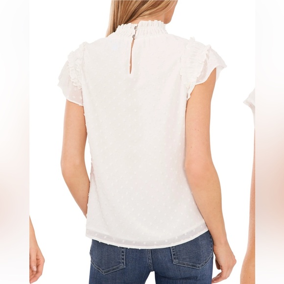 CeCe Clip Dot Ruffle Mock Neck Crepe Top in New Ivory Size M NWT - Picture 2 of 12